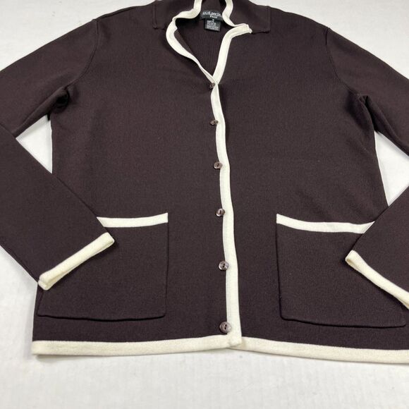 Due Per Due Veste Cardigan Sweater Brown Cream Contrast Trim Work Classic MEDIUM - Picture 2 of 9